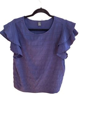 Shein navy blue flutter sleeves seersucker top Size L